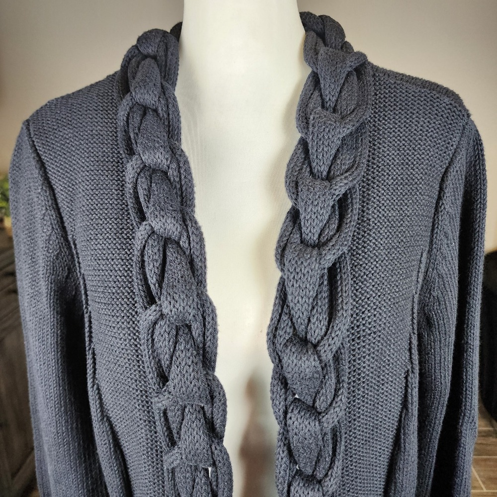 Pure Handknit Long Cardigan Sweater Womens L XL Navy Braided Trim Office Casual - Picture 3 of 10